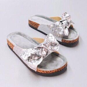 Silver Casual Women's Bow-Decor Rhinestone Sequin Thick Sandals